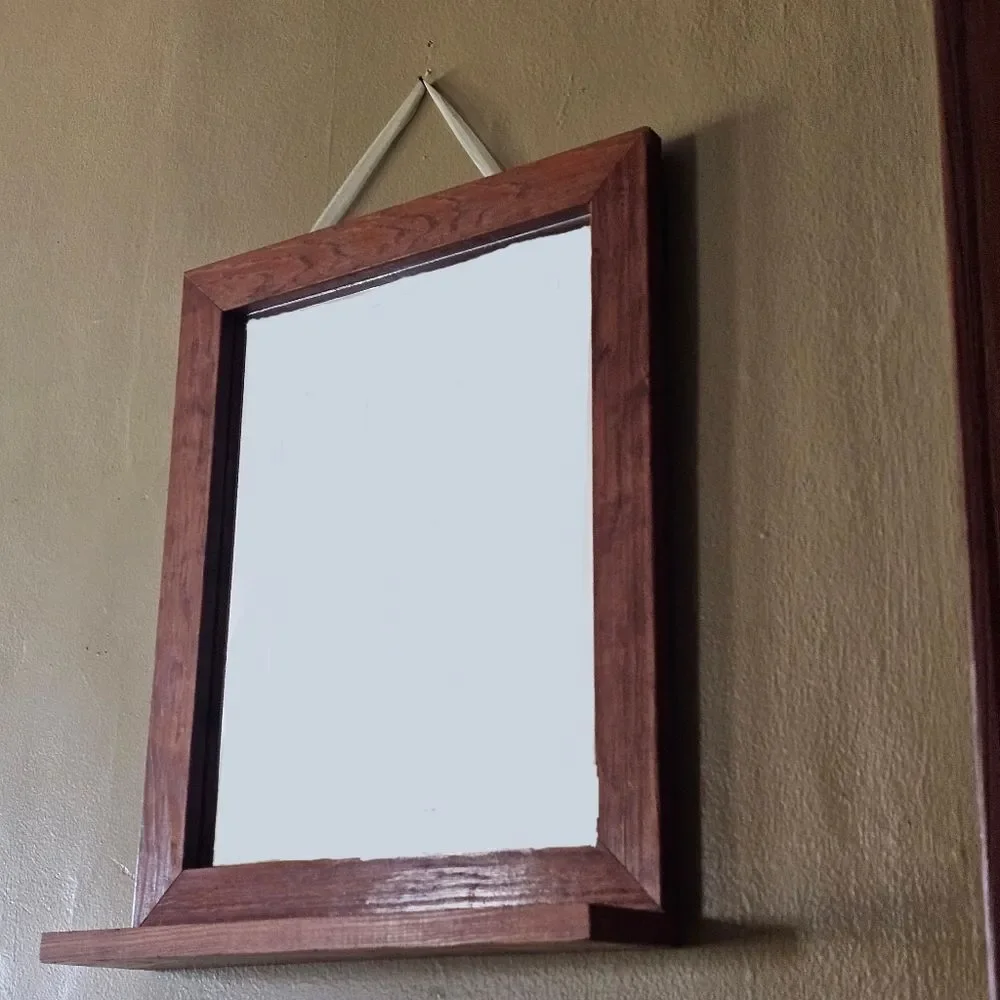 Rustic Wooden Framed Hanging Vanity Mirror with 2